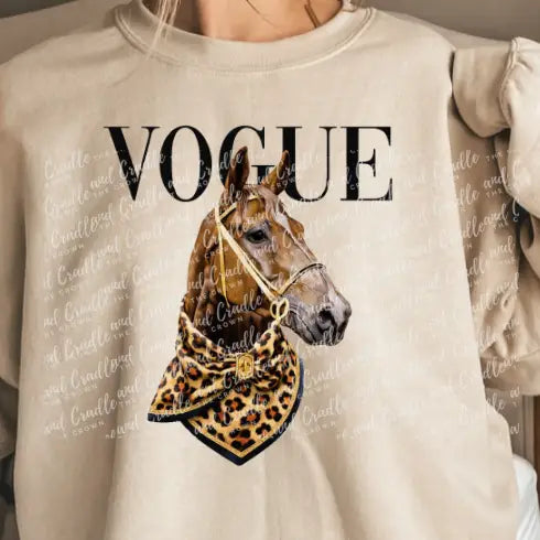 Shirt with VOGUE lettering and horse graphic wearing a leopard-print bandana